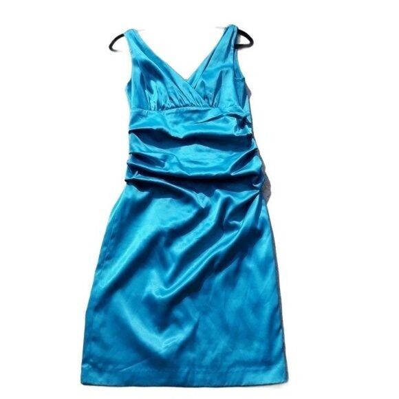Suzi Chin Dress Y2K Cocktail Ruched Draped Surplice Satin Slip Teal - Picture 12 of 12